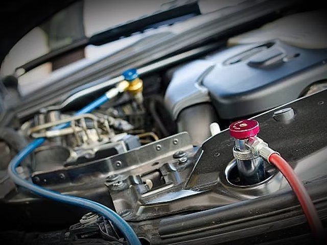 Aircoslangen met blauwe en rode koppeling aangesloten in de motorruimte – airco-service voor uw auto